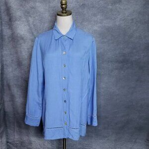Soft Surroundings Linen Blend Blue Button Down Lace Detail Coastal Boho Size L